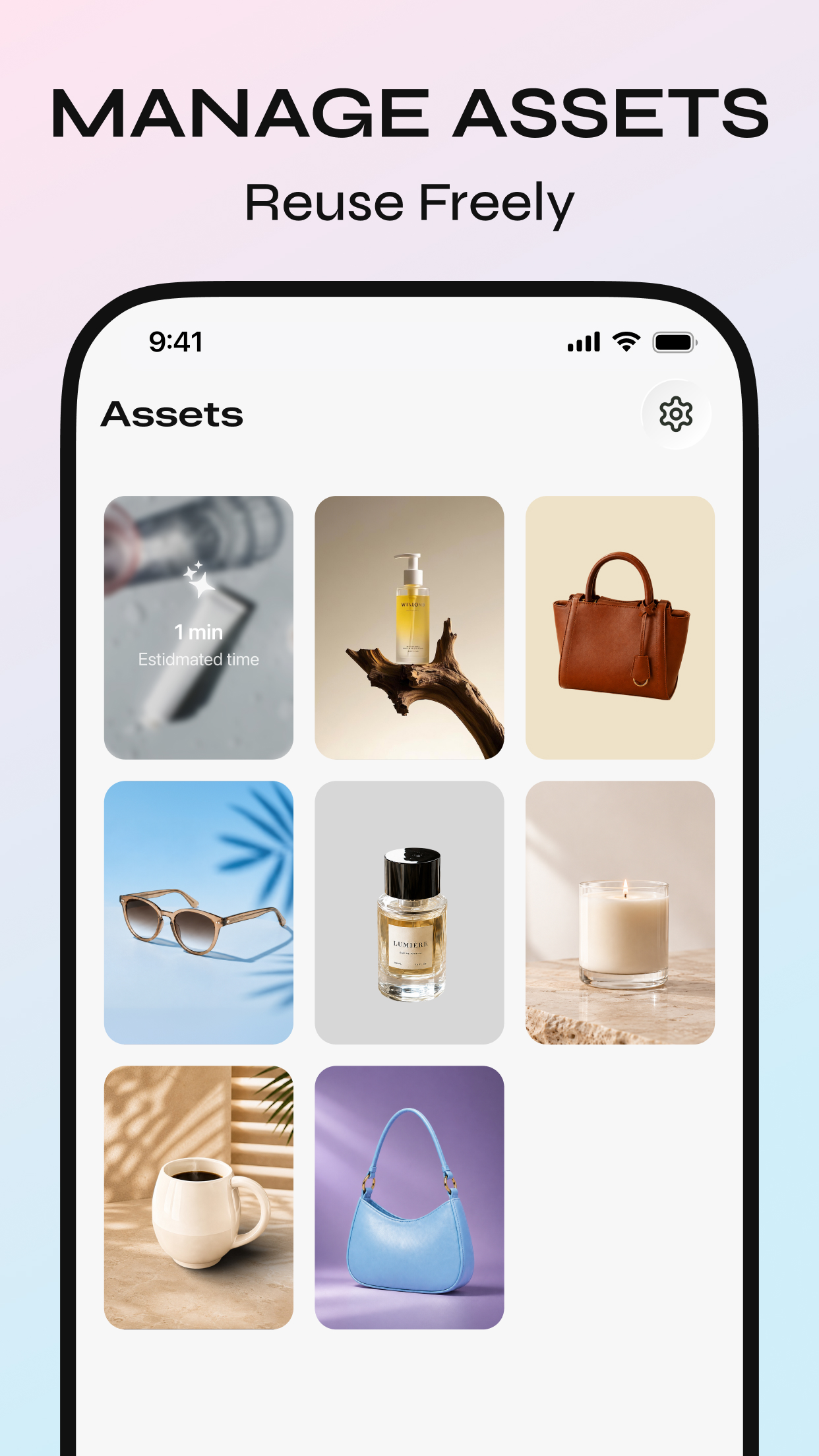 ShopSpark asset manager showing saved product visual assets